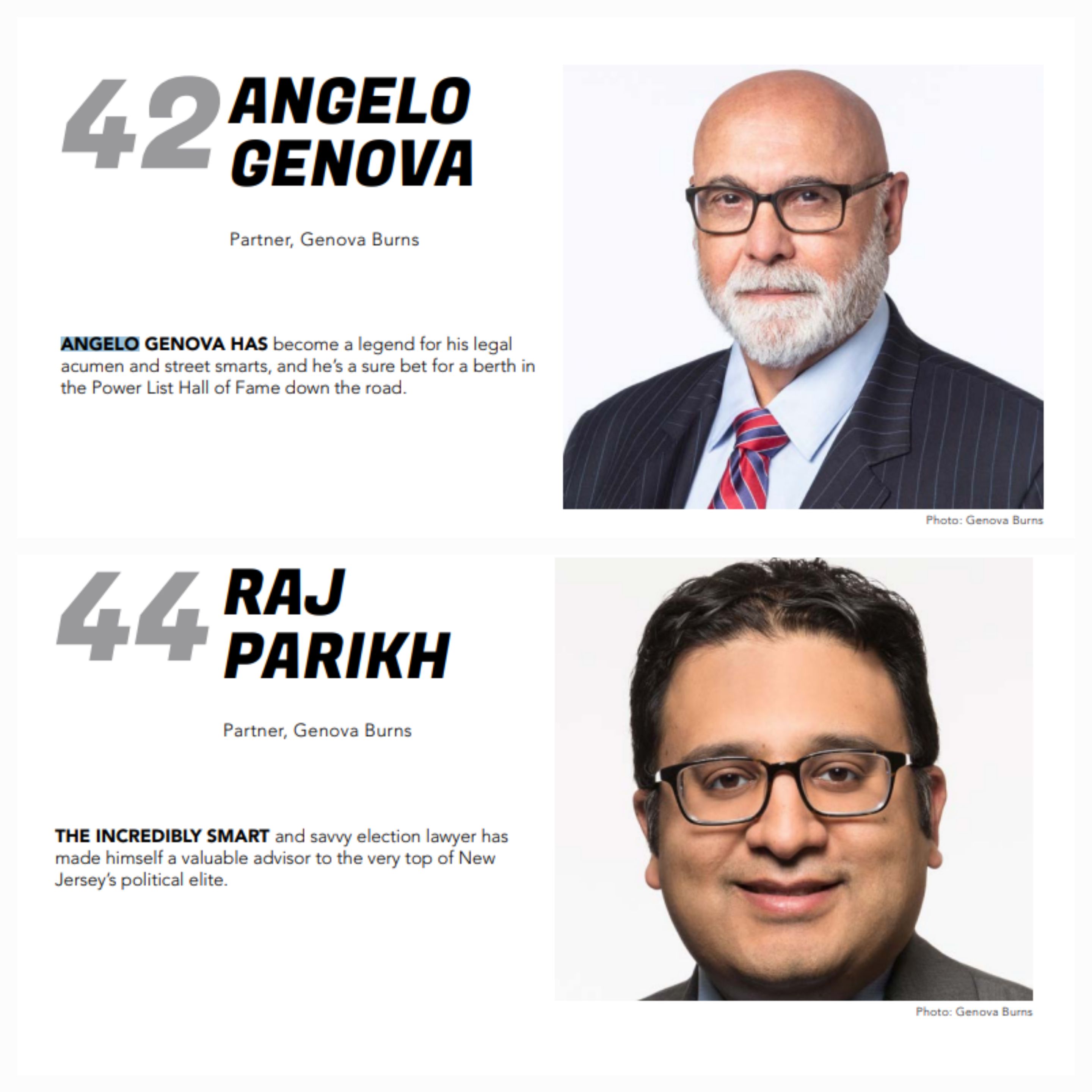 New Jersey Globe 2023 Power List Entry For Angelo Genova and Rajiv Parikh